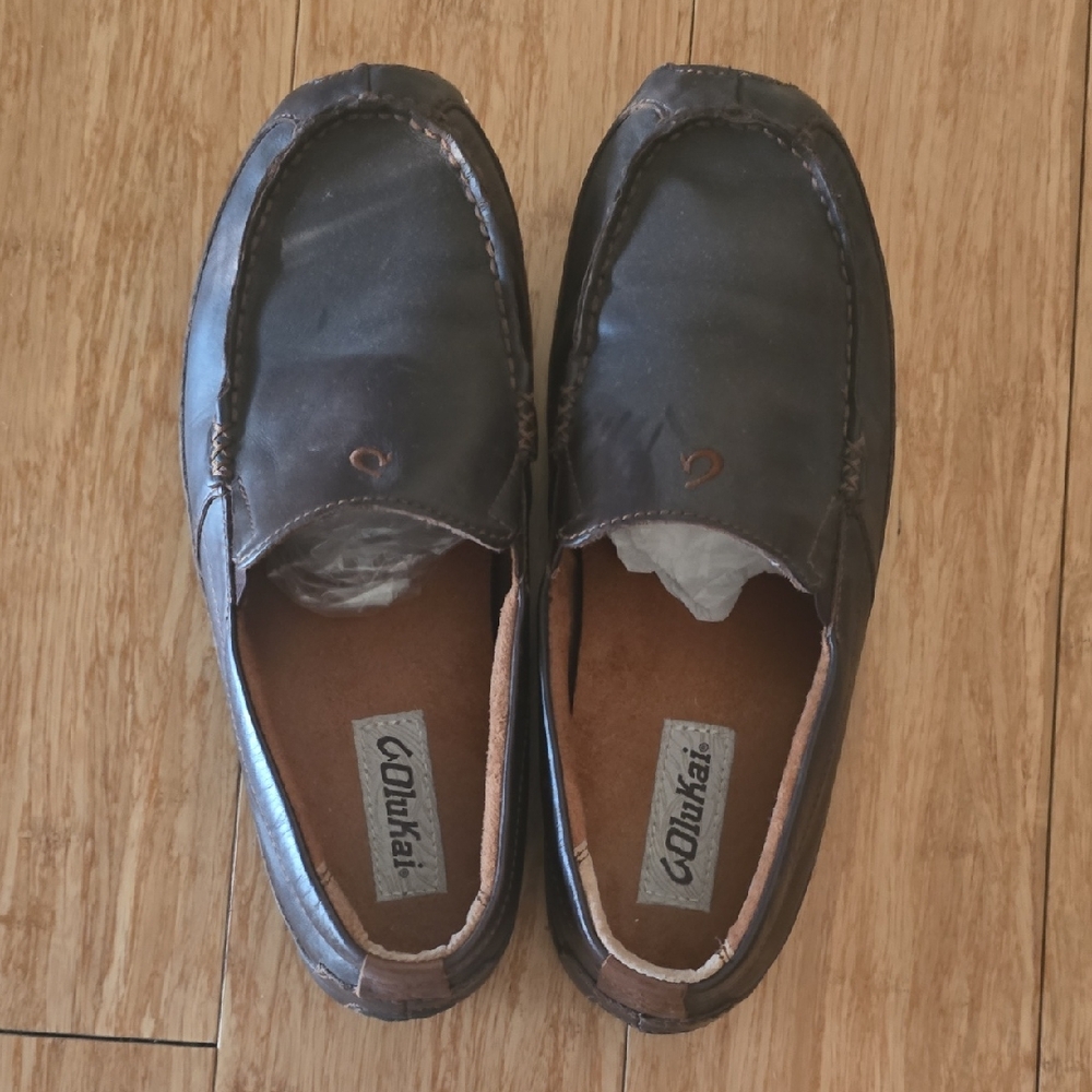 OluKai Men's Espresso Leather Slip-On Loafers